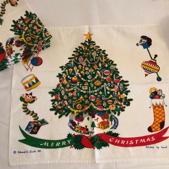Vintage Other - 8 Vintage Christmas Tree Cloth Napkins Signed 1953 Handprinted